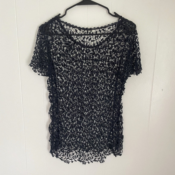 Navy Crochet Cotton Top L Boho Beachy Mesh Knit Festival Layering Shirt - Picture 2 of 7